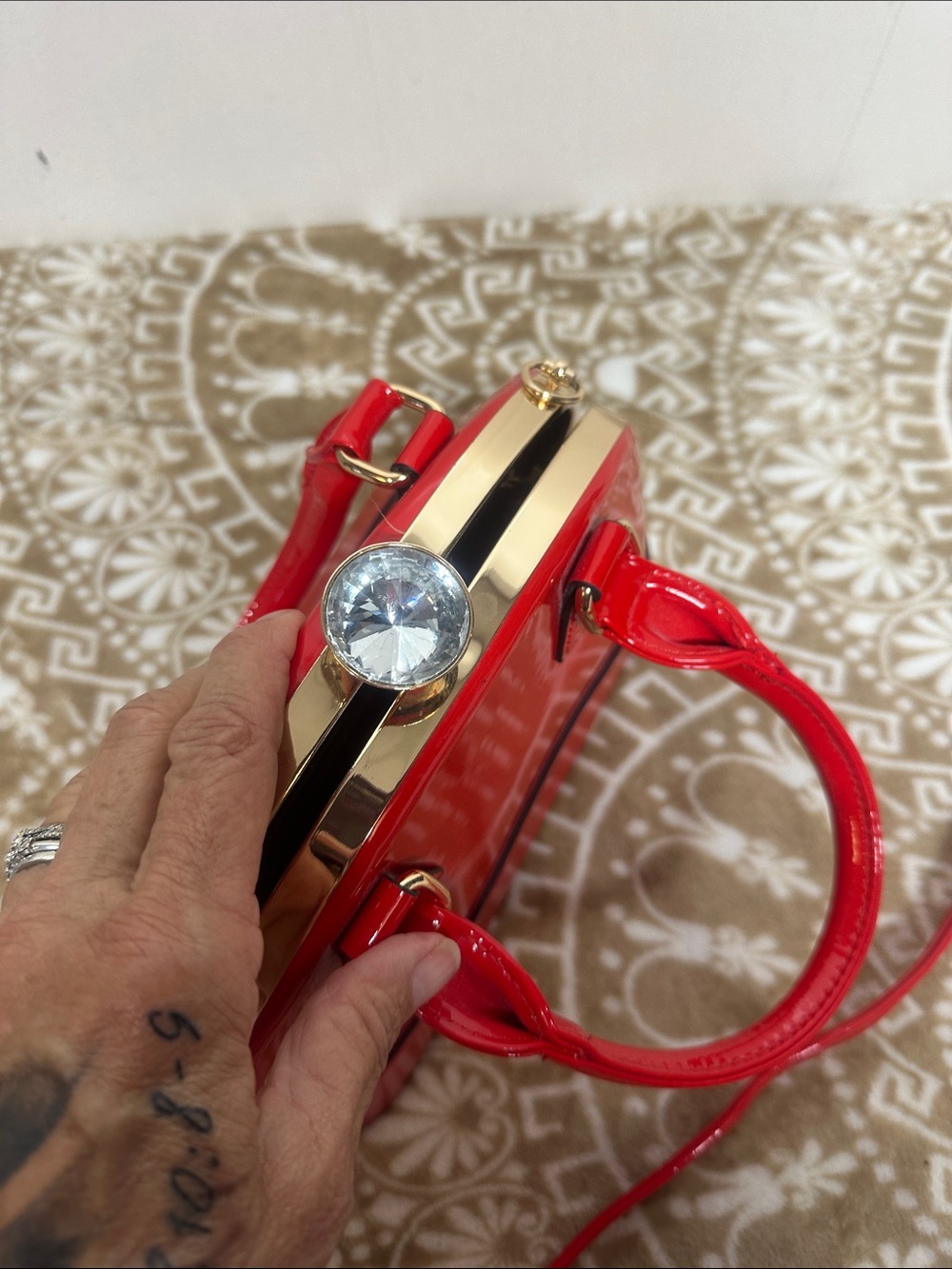 Red Patent Dome Satchel Handbag - Picture 12 of 13